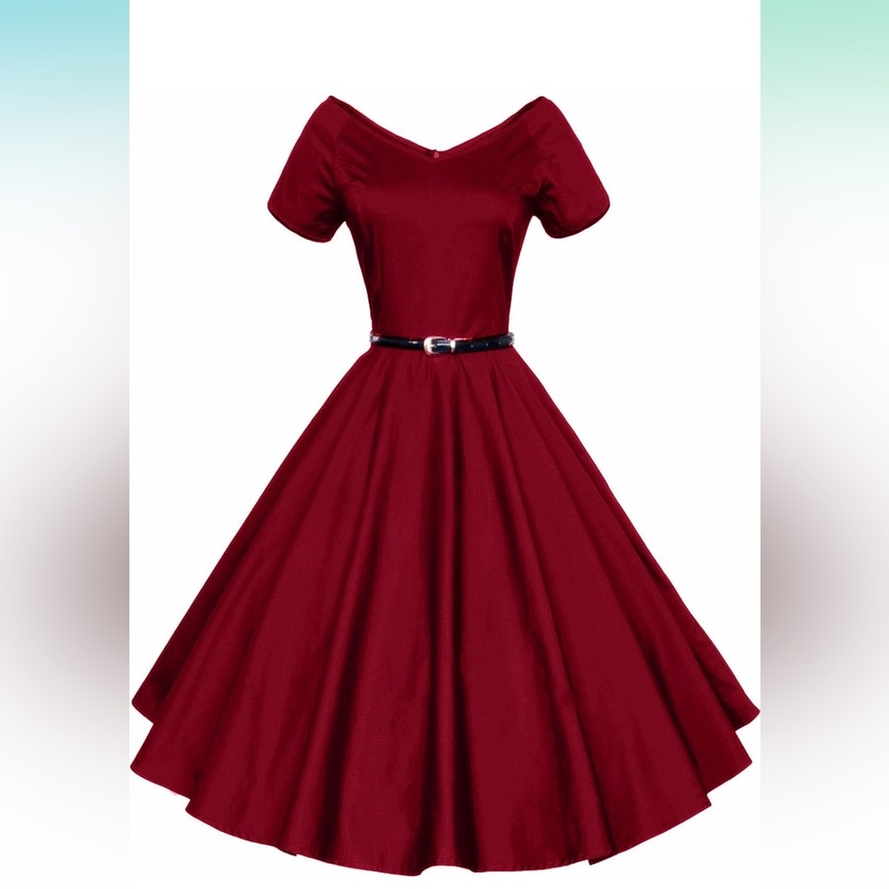 Vintage-Inspired Burgundy Fit & Flare Dress with Belt